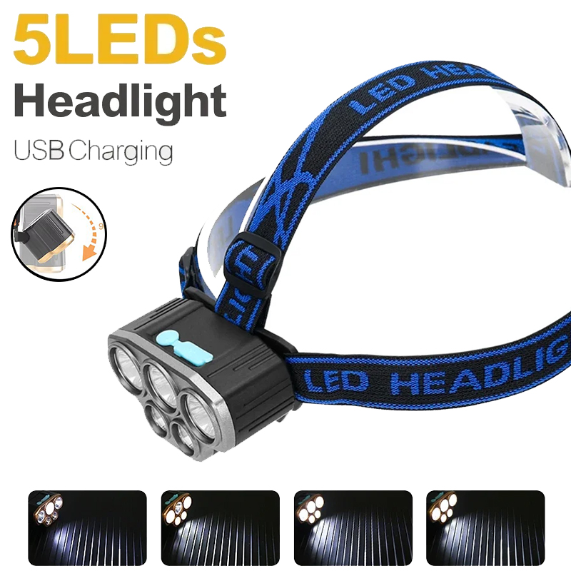 Led Headlight Bulbs - ไฟฉายคาดศีรษะแบบชาร์จไฟได้ 5 LED สว่างเป็นพิเศษ ไฟฉายคาดศีรษะกันน้ำที่มีประสิทธิภาพสำหรับการตั้งแคมป์กลางแจ้งวิ่งแสงสว่าง