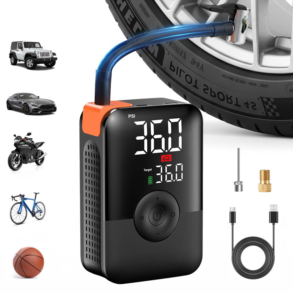 Car Portable Tire Inflator - เครื่องเติมลมยางขนาดเล็ก 12V 150PSI แบบไร้สาย คอมเพรสเซอร์ลมแบบชาร์จไฟได้ พร้อมไฟ