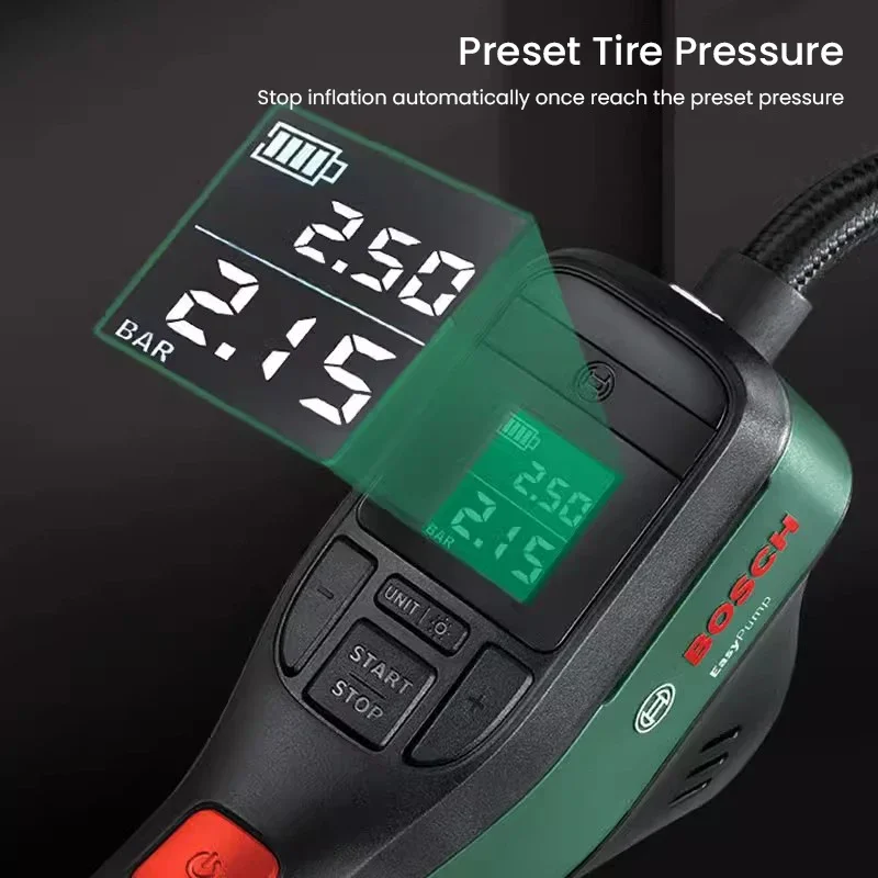 Car Portable Tire Inflator - ปั๊มลมไฟฟ้าแบบพกพาขนาดเล็ก จอแสดงผล LED ของ Bosch สำหรับเติมลมยางรถยนต์