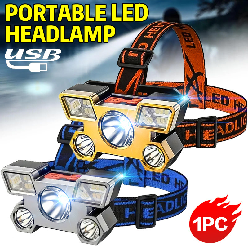 Led Headlight Bulbs - ไฟฉาย LED 5 ดวงแบบชาร์จไฟได้พร้อมแบตเตอรี่ลิเธียมในตัวไฟหน้าที่แข็งแกร่งแคมป์ปิ้งผจญภัยตกปลาขี่จักรยานไฟหน้า